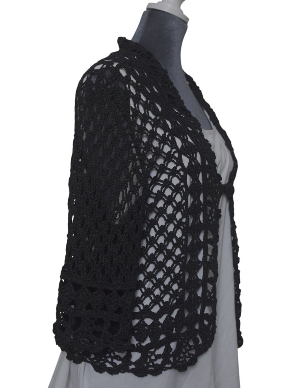 Crochet Jacket XL Curio Black Open Front Cardigan Cottagecore Boho EUC - Picture 3 of 9